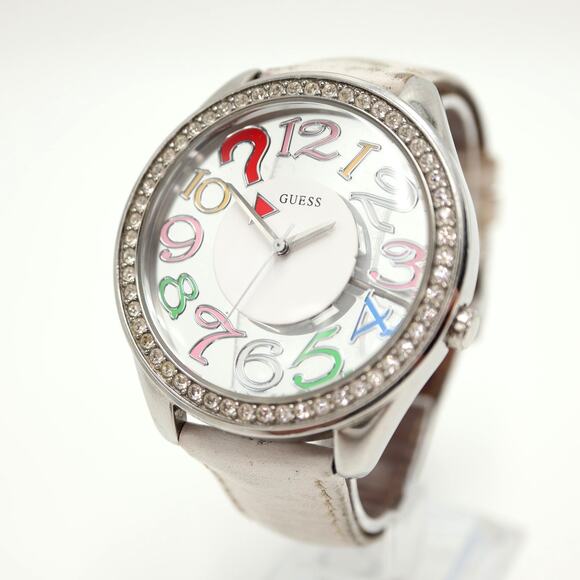 Guess Clear Dial Multicolor Numbers 45mm Watch White Leather with New Battery - Picture 1 of 16